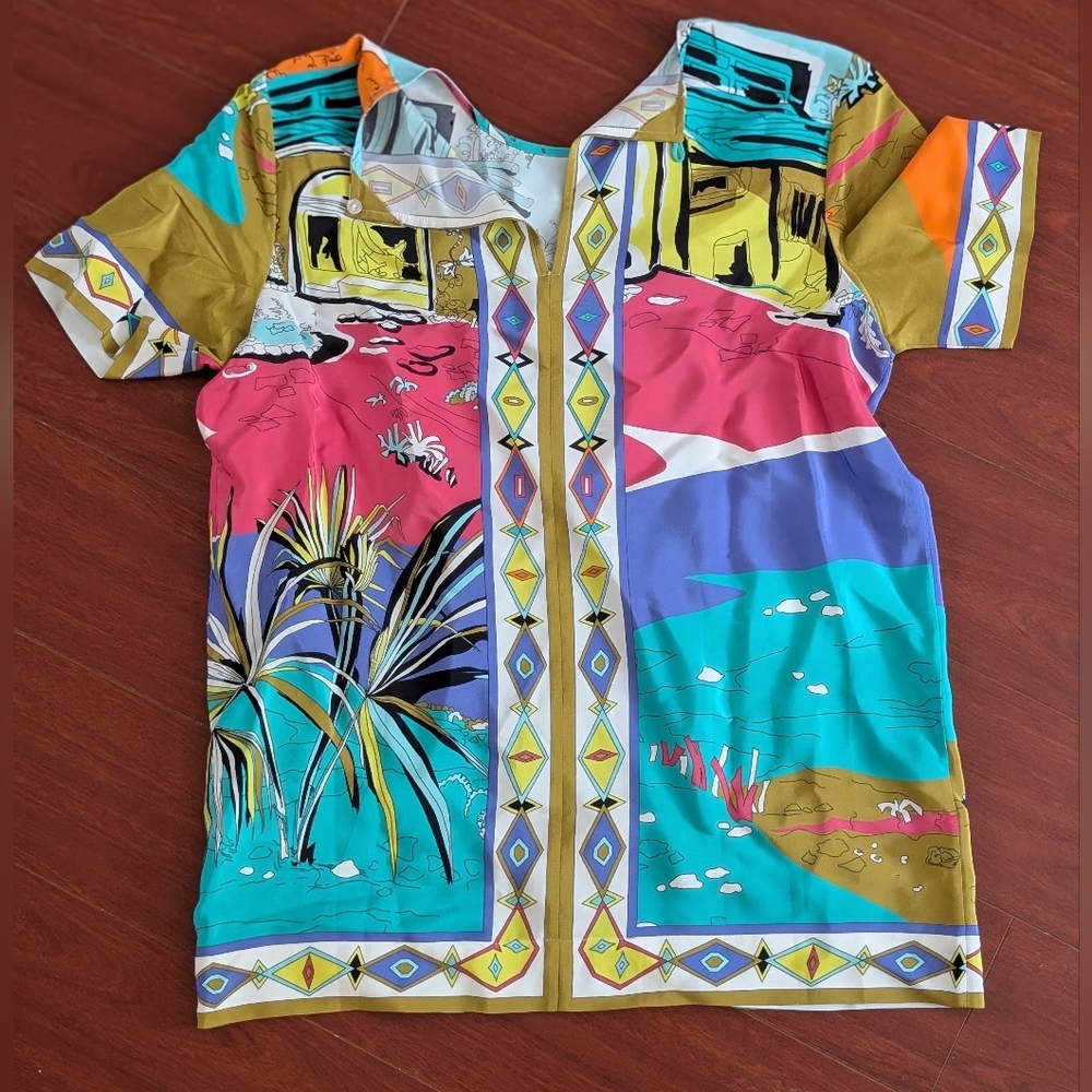 100% Silk Colorful Graphic Blouse Shirt Abstract Art French Seams Quality